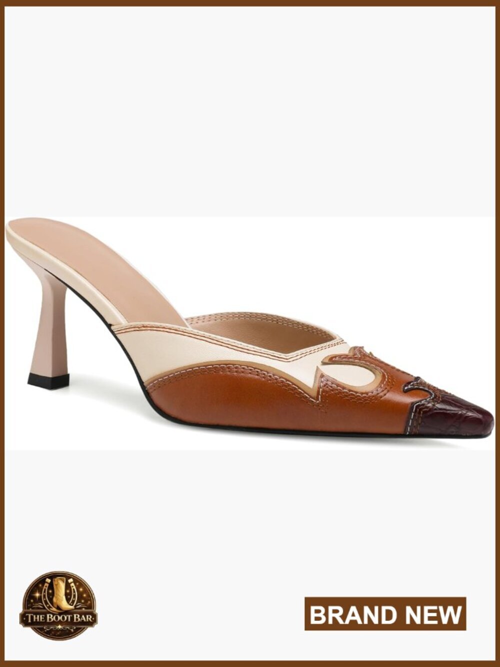 Kitten Heel Mules with Stitching Flame Design Pointed Toe Backless Pumps Slip